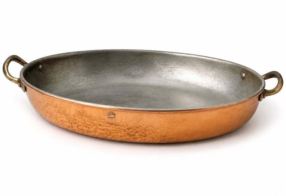 Vtg Copper Oval Gratin Pan Tin Lined Brass Handles Hammered Roasting Baking Dish